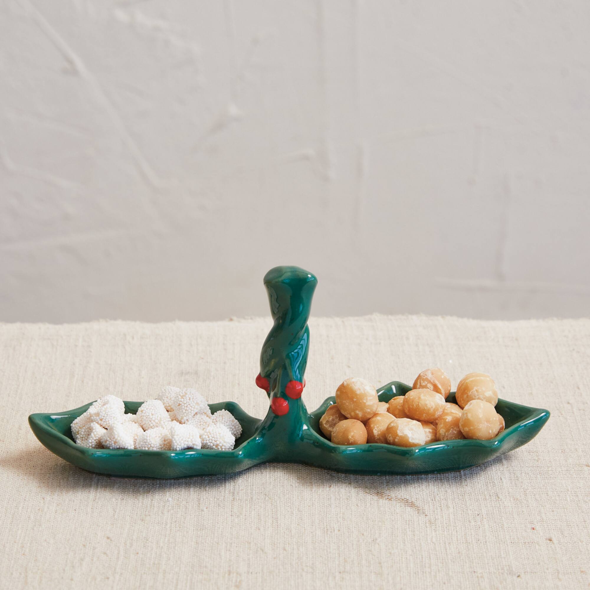 Hello Honey® 9.5" Green & Red Stoneware Holly Shaped Dish with 2 Sections & Handle